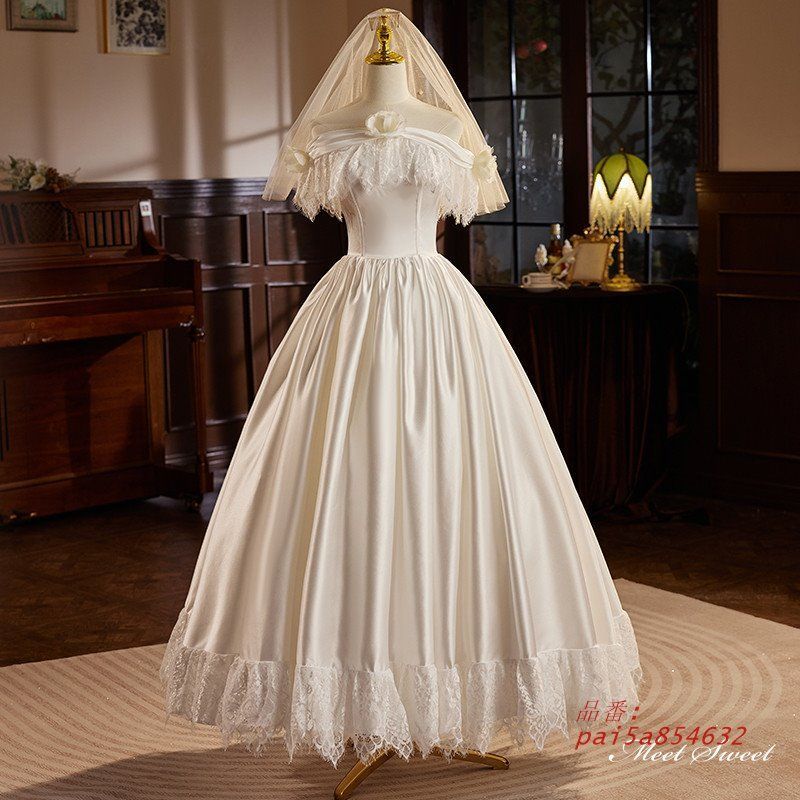 ウェディングドレス ロングドレス プリンセスドレス レトロ Aラインドレス 半袖 ウエディングドレス 結婚式 ブライダル サテン 花嫁 前撮り 上品 二次会 pai5a854632