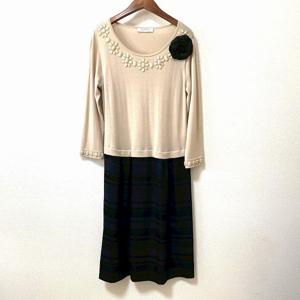 wnc ネミカ バイ レリアン NEMIKA by Leilian ワンピース 11 黒 ドッキング 切替 異素材 ビジュー コサージュ付き レディース 952300