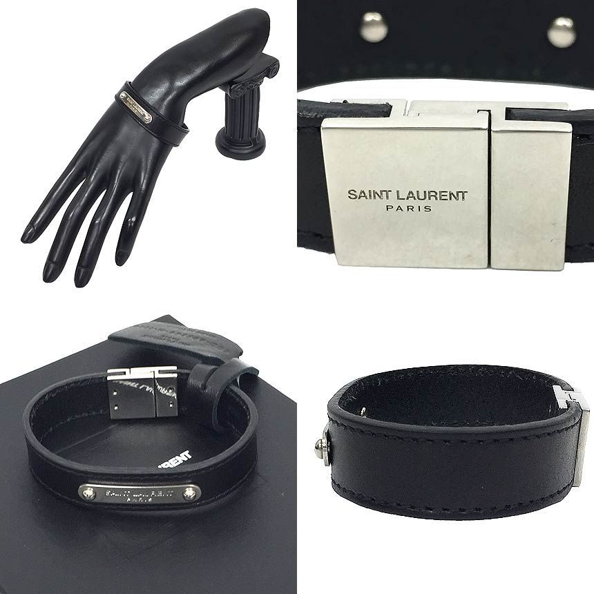 SAINT LAURENT サンローラン IDプレート レザー ブレスレット M ブラック 黒 未使用 YSL aq8774