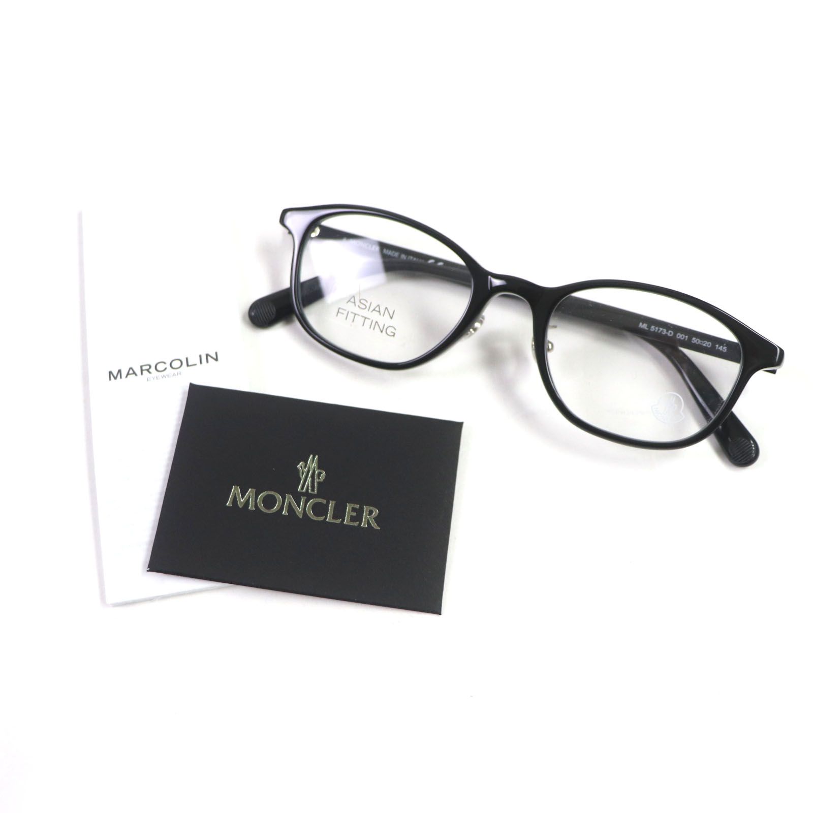 未使用品▼MONCLER モンクレール ML5173-D 001 ロゴ入り ウェリントン アイウェア メガネ ブラック 50□20 145 イタリア製  メンズ