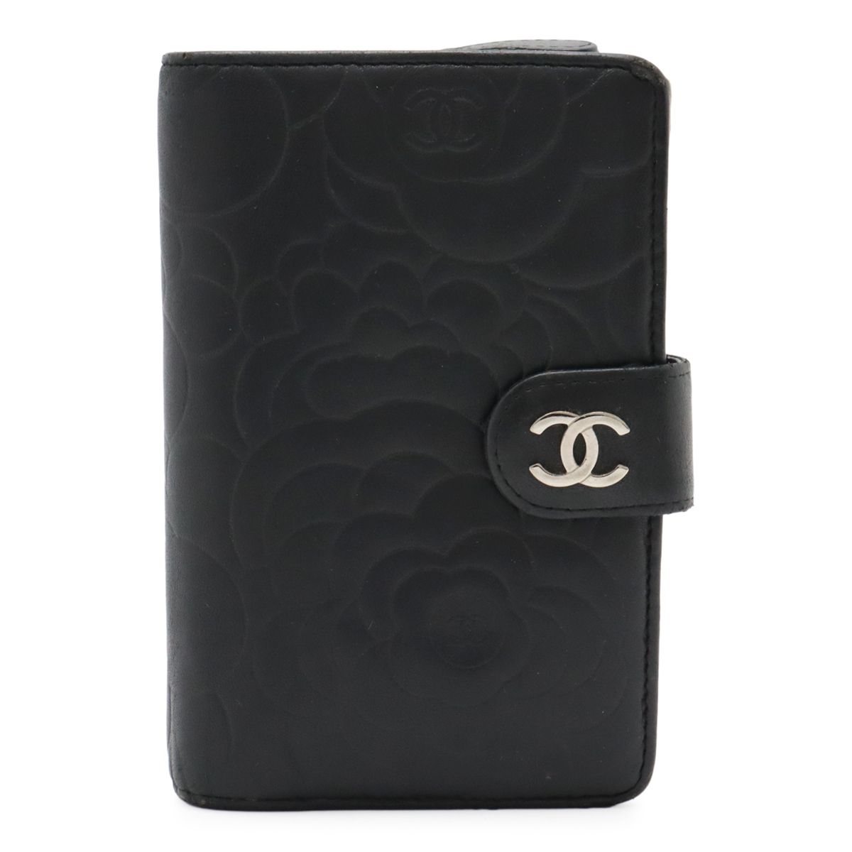 CHANEL シャネル カメリア柄 二つ折り財布 ブラック ラムスキン CHANEL シャネル カメリア エンボス ココマーク 2つ折財布 二