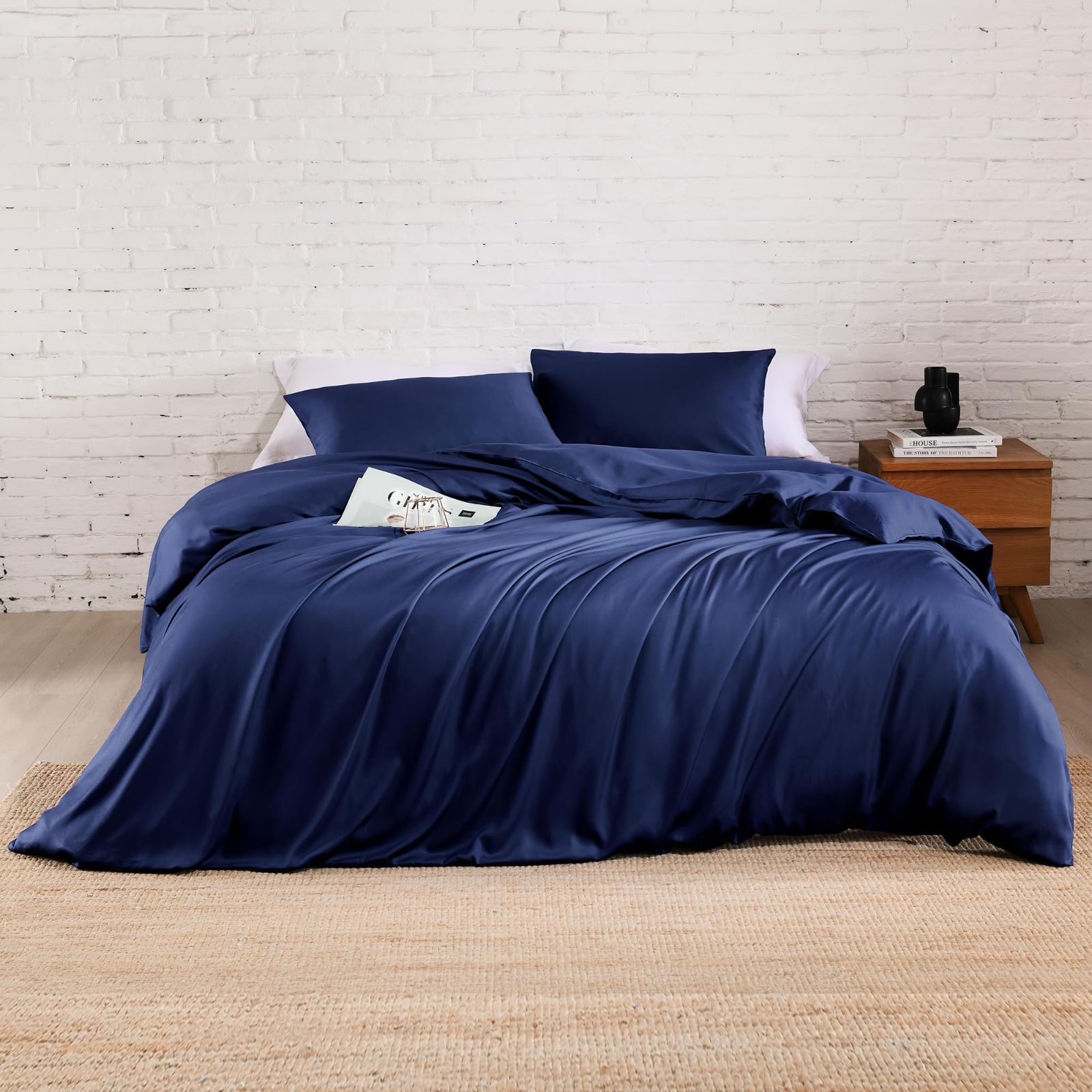 セミダブル170X210_ネイビー Rosecret 掛け布団カバー セミダブル 布団カバー オールシーズン 洋式・和式兼用通気性 単品売り 竹繊維100% 肌にやさしい 洗濯機で洗える 四季通用 (セミダブル170X210, ネイビー)
