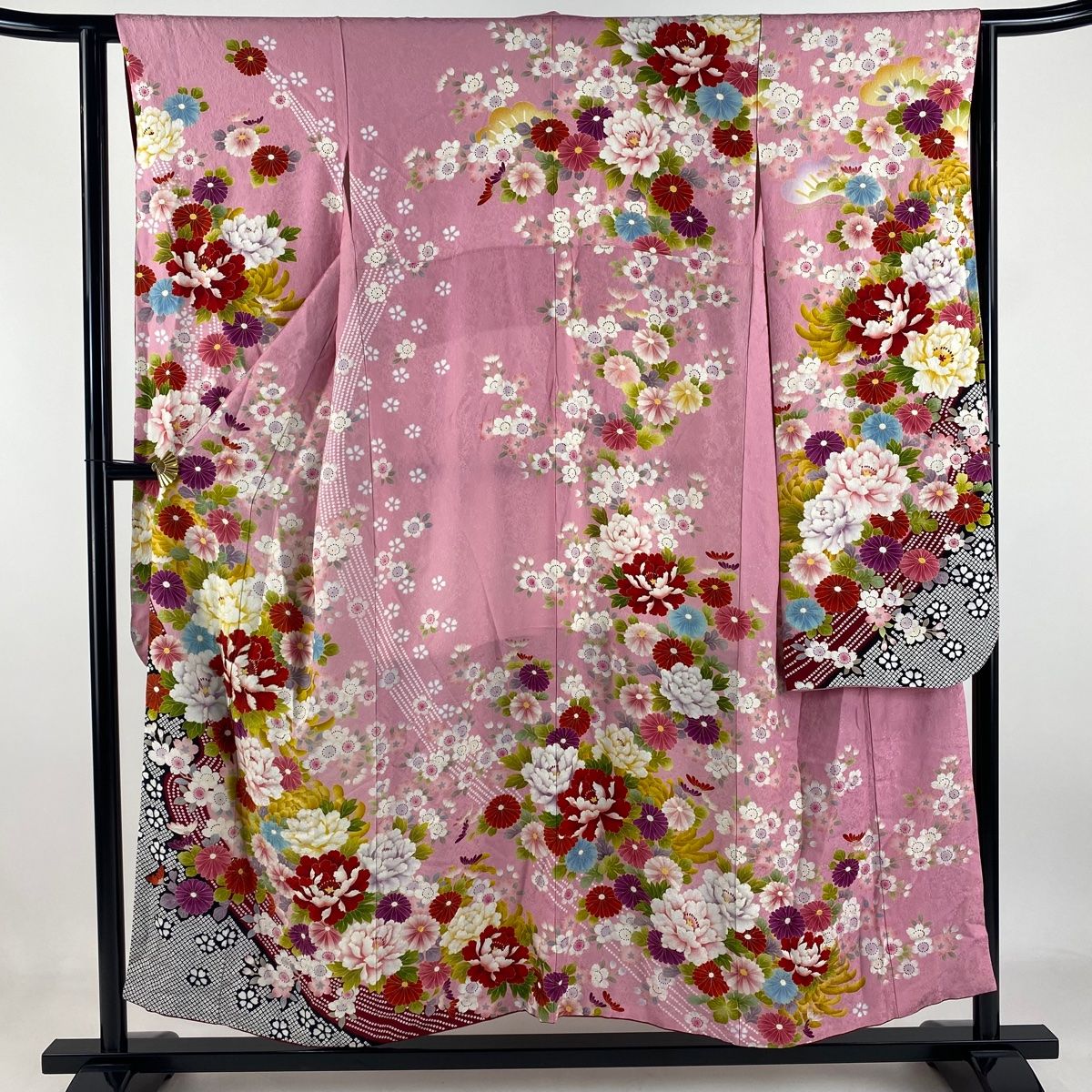 振袖 身丈152cm 裄丈64.5cm M 袷 牡丹 菊 箔 ピンク 正絹 名品