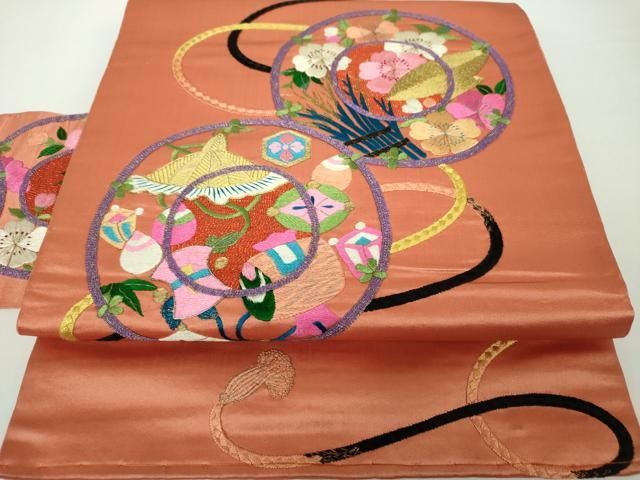 平和屋着物●アンティーク 大正ロマン 九寸名古屋帯 駒刺繍 総刺繍 鏡裏花文 宝尽くし 金糸 正絹 DAAY1189ps