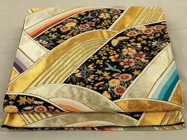 平和屋着物◎六通柄袋帯 渡り橋花文 銀糸 引箔 正絹 逸品