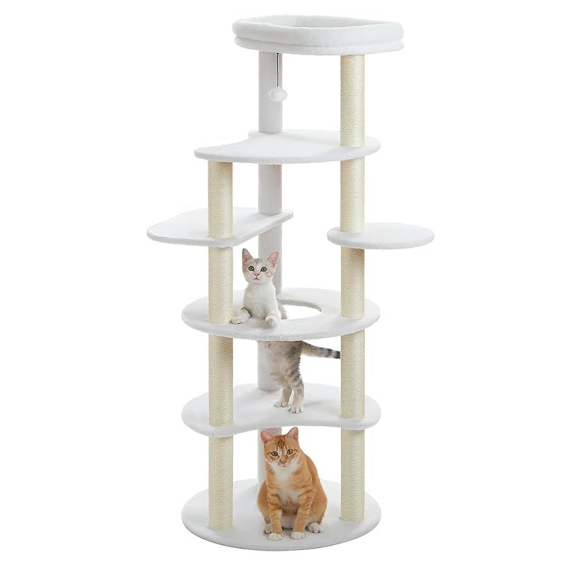 PETEPELA ぺテぺラ キャットタワー スリム 大型猫用 猫タワー 多頭飼い おしゃれ かわいい インテリア 据置 麻紐 爪とぎ おもちゃ コンパクト 省スペース 人気 運動不足解消 倒れ防止策 - 高さ154cm ホワイト 白 アイボリー 0