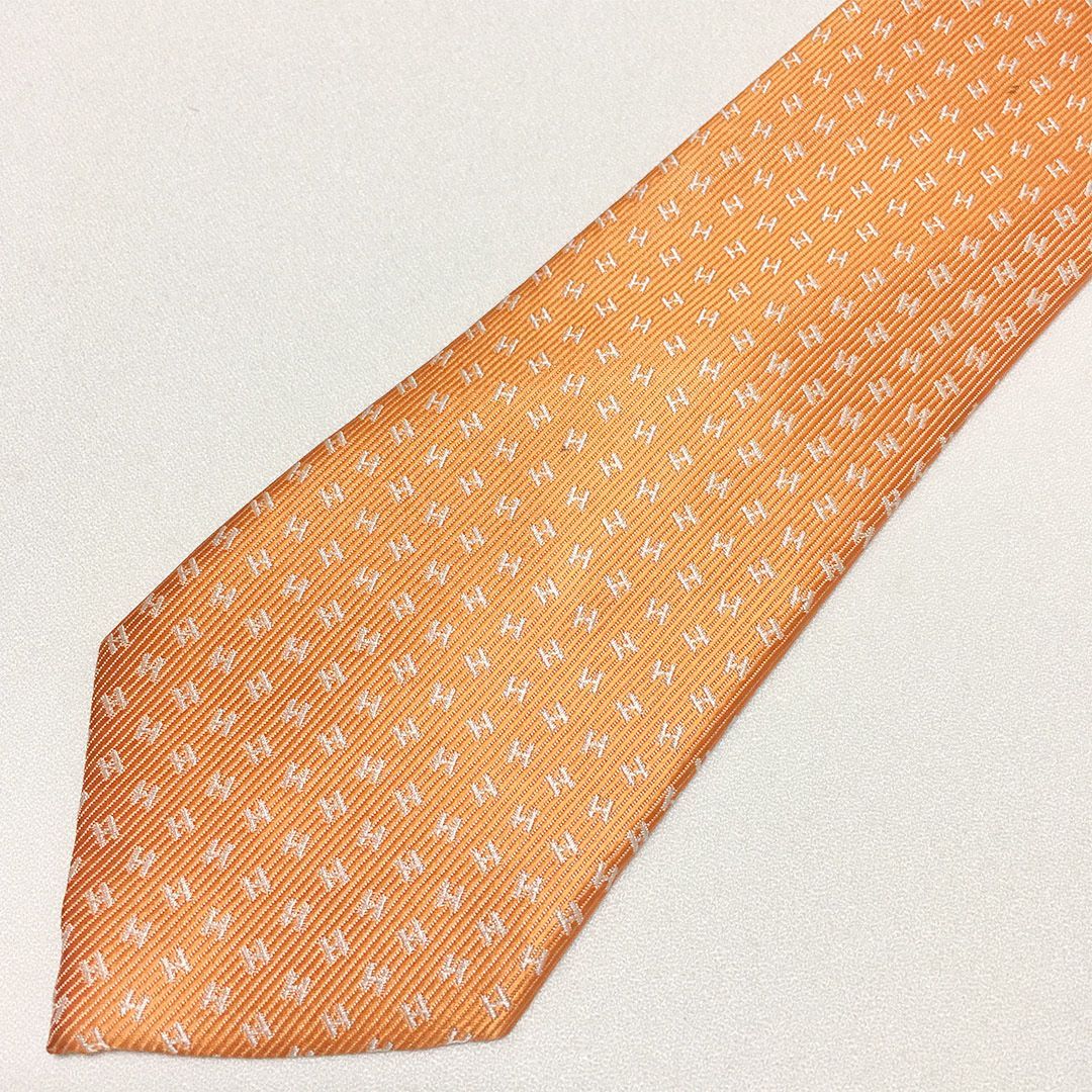 美品 エルメス HERMES ネクタイ シルク100% オレンジ H柄 2510-160