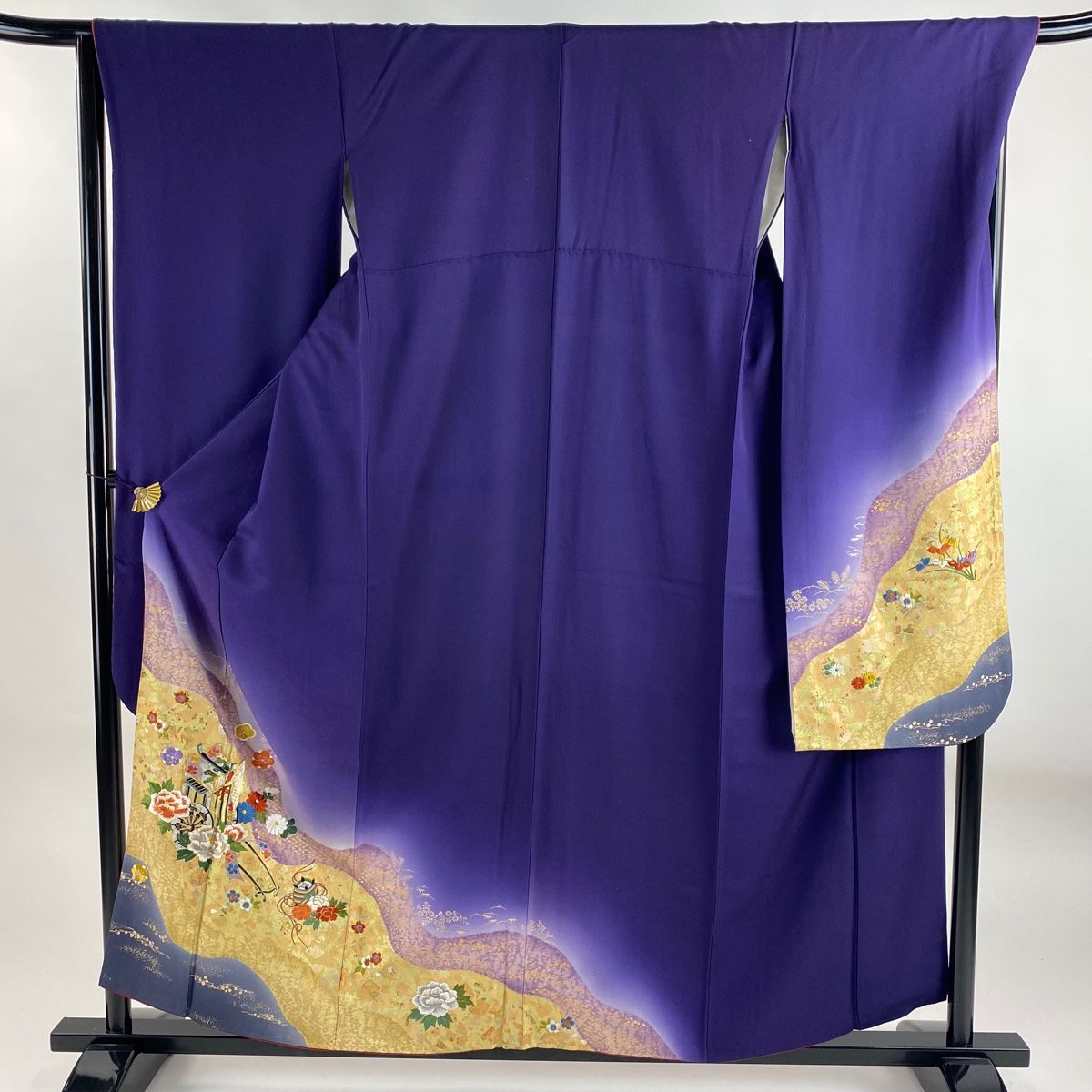 振袖 身丈157cm 裄丈67cm M 袷 御所車 牡丹 金糸 金銀彩 濃紫 正絹 秀品