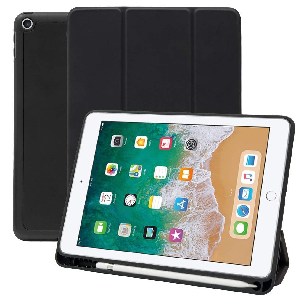 【特価セール】MS factory iPad 9.7 用 ケース 2018 2017 アイパッド 第5 第6世代 カバー Apple Pencil 収納 耐衝撃 スマートカバー ソフト TPU オートスリープ ペンシルホルダー ブラック 黒 IPD-5-S-H