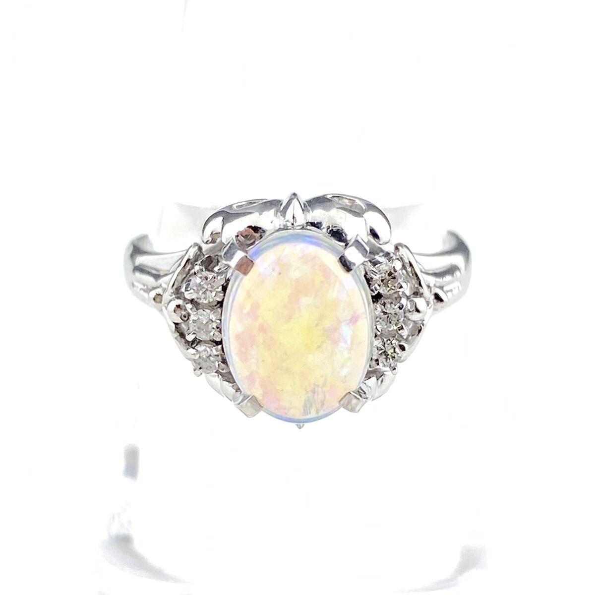 オパール デザインリング プラチナ 指輪 メレダイヤ リング 13.5号 Pt900 オパール ダイヤモンド レディース
