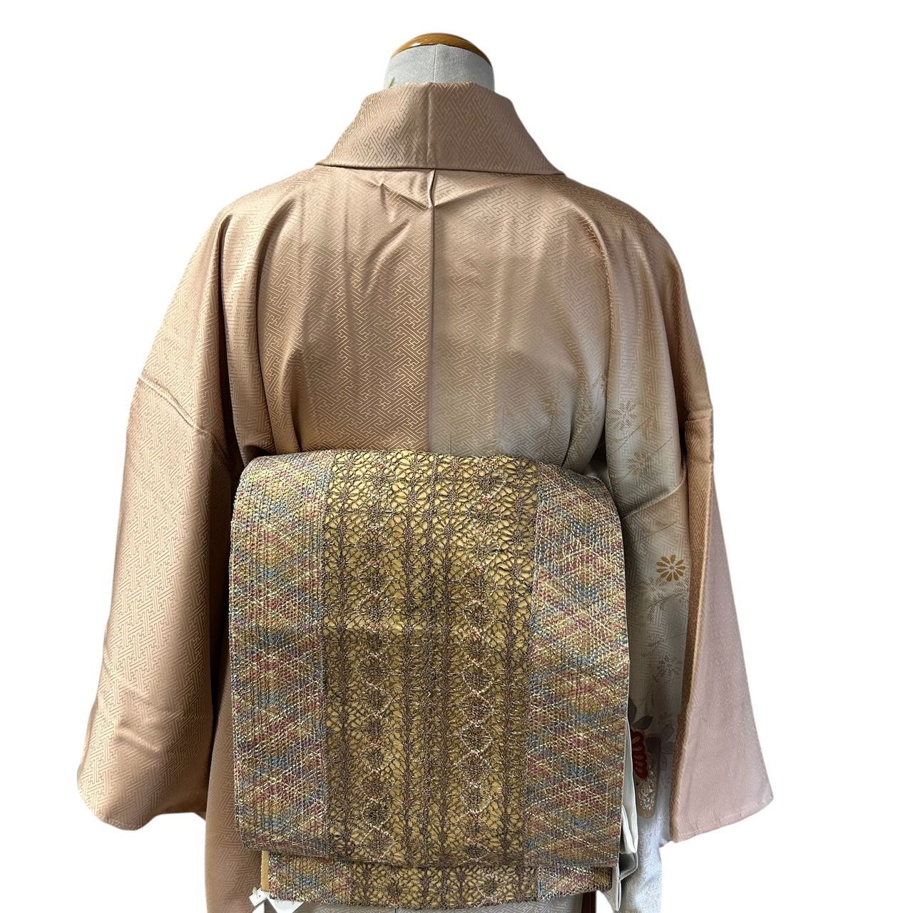 Aランク美品】正絹袋帯 変わり織 縞に抽象花模様 全通柄 個性派