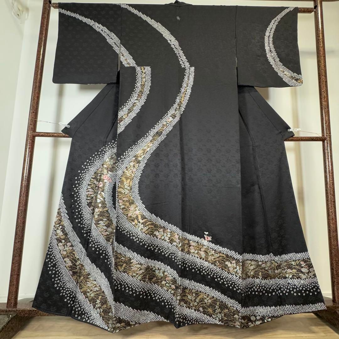 超 正絹 袷 現代 広襟 訪問着 着物 161 刺繍 光沢 黒 絞り