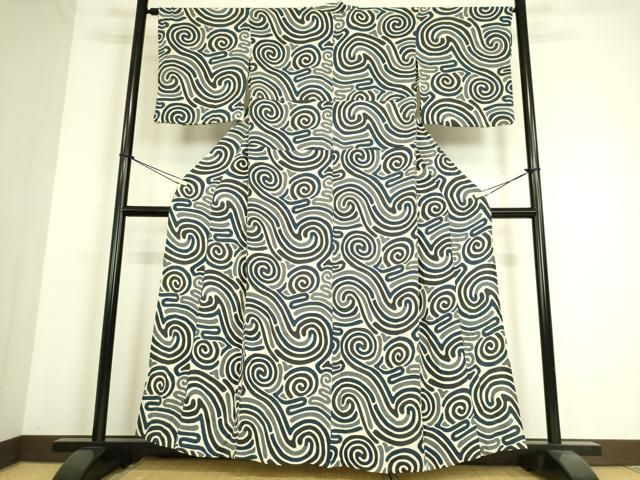 平和屋着物○上質な小紋 絞り 変わり縞 黒地 鬼しぼ縮緬 正絹 逸品