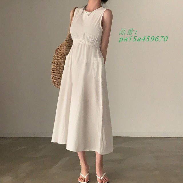 ワンピース ロング ミモレ丈 ノースリーブ ワンピース 春 レディース リゾートワンピ 夏 カジュアル ウエストゴム ラウンドネック カジュアル ワンピース 大人 pai5a459670