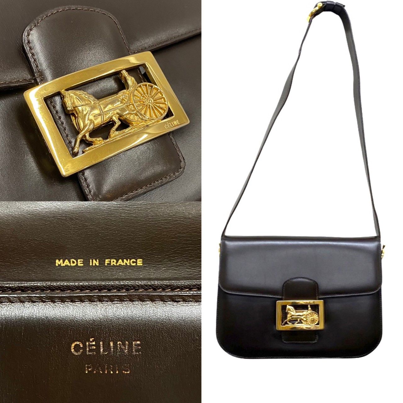 極 美品 CELINE セリーヌ ヴィンテージ 馬車金具 ホースキャリッジ レザー 本革 ショルダーバッグ クロスボディバッグ ブラウン 67502