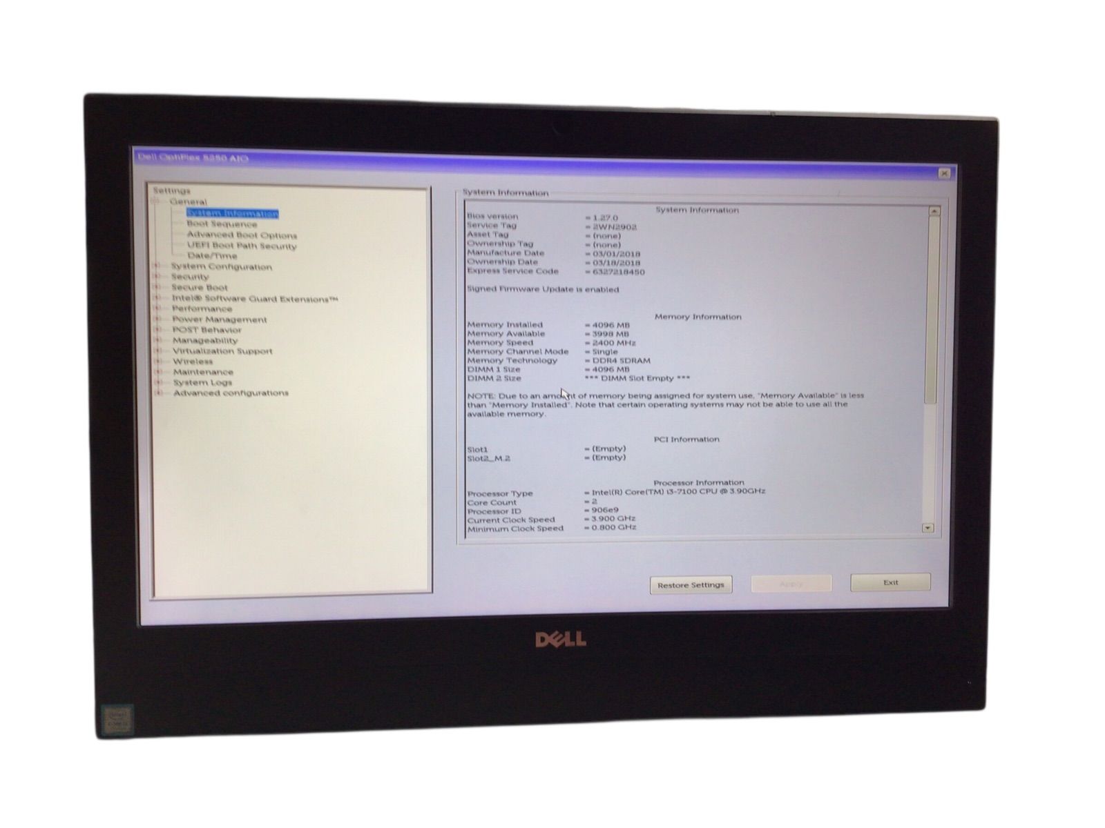 DELL OptiPlex 5250 AIO| CPU CORE i3-7100U| メモリ4096MB|ストレージ無し番号E25