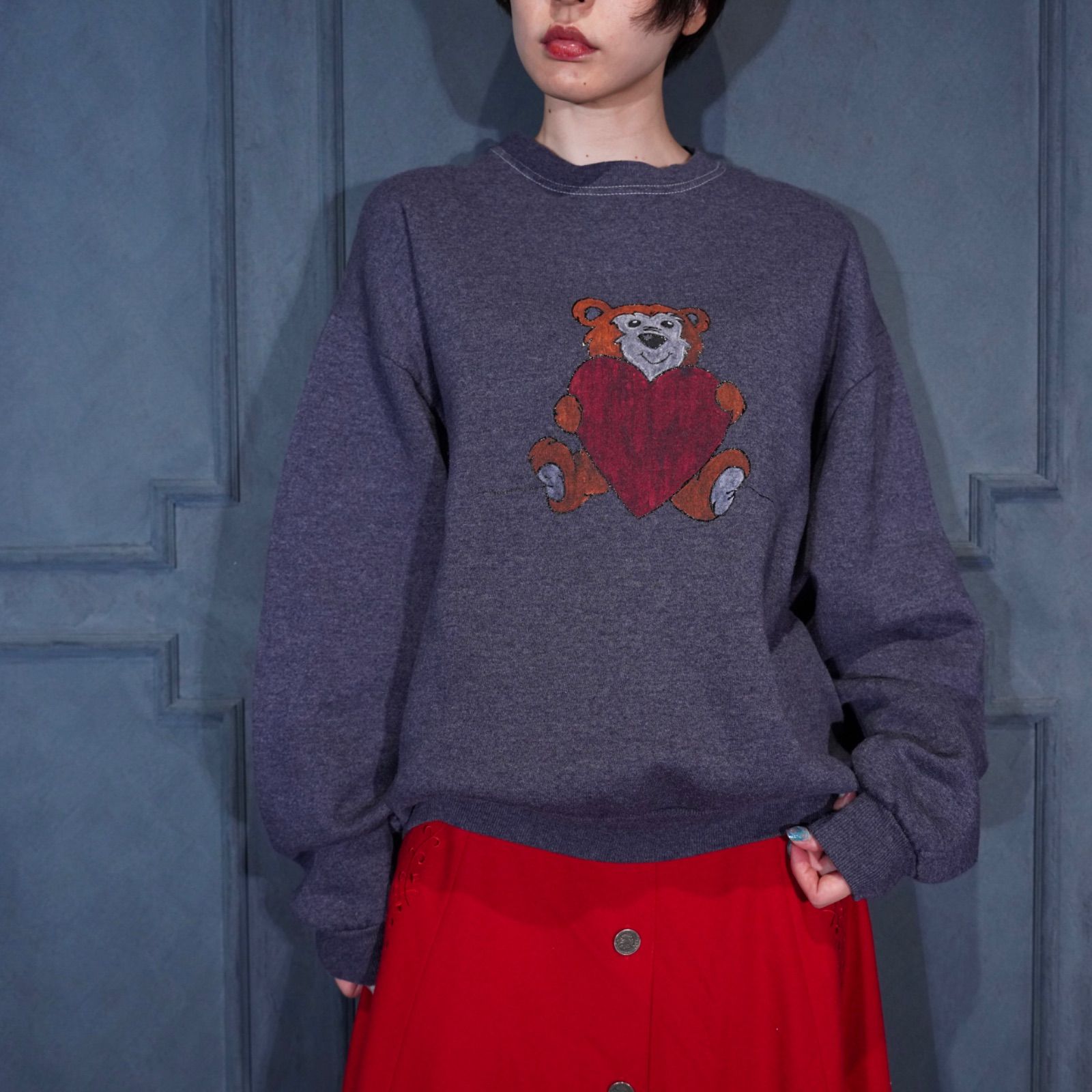 80 s USA VINTAGE JERZEES HEART BEAR PRINT OVER DYE DESIGN SWEAT SHIRT 80年代アメリカ古着ハートくまプリント後染めデザインスウェット