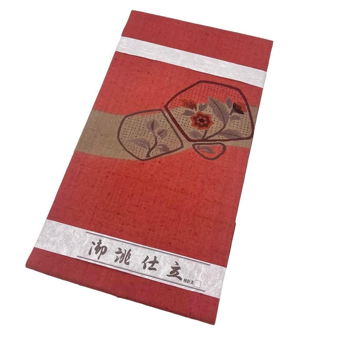 名古屋帯 相良刺繍 汕頭刺繍 抽象花草模様 紬 弁柄色 O-4120