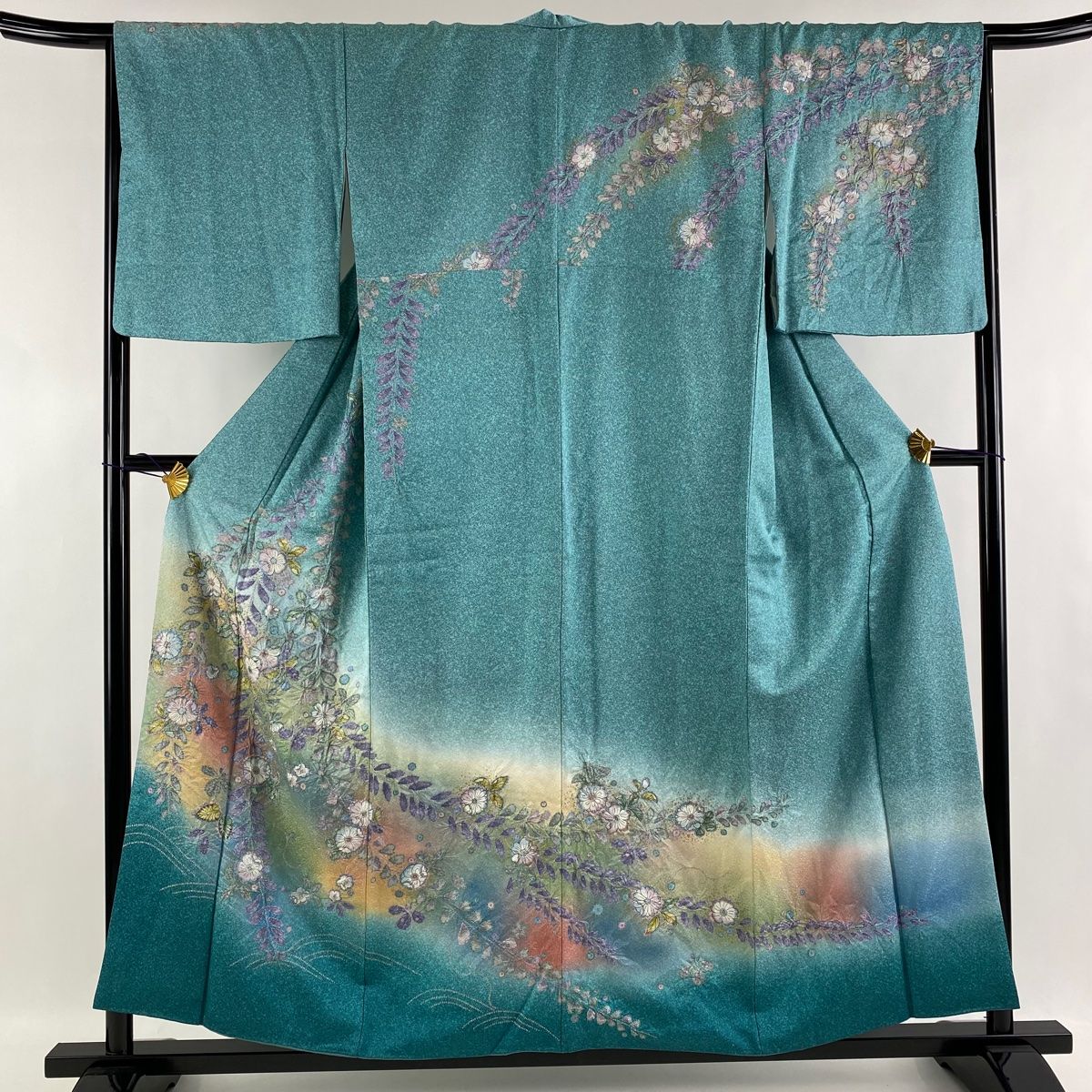 訪問着 美品 名品 辻が花 金彩 染め分け 青緑 袷 身丈157cm 裄丈67cm M