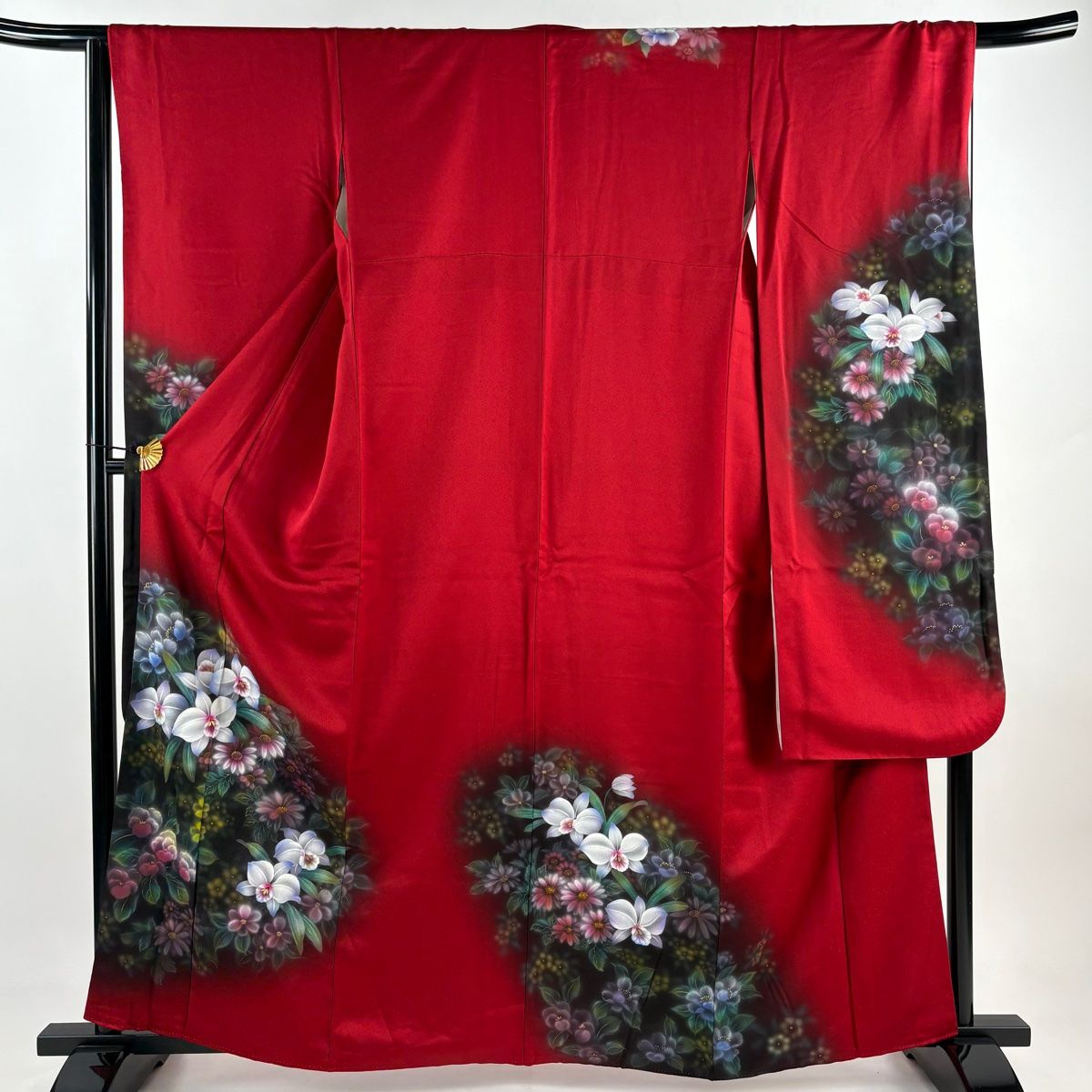 美品　正絹振袖セット　シンプルで素敵　❤︎赤の魔力❤︎ 160cm 振袖 身丈167cm 裄丈66cm M 袷 向かい鳥 桜 金銀彩 ぼかし 赤