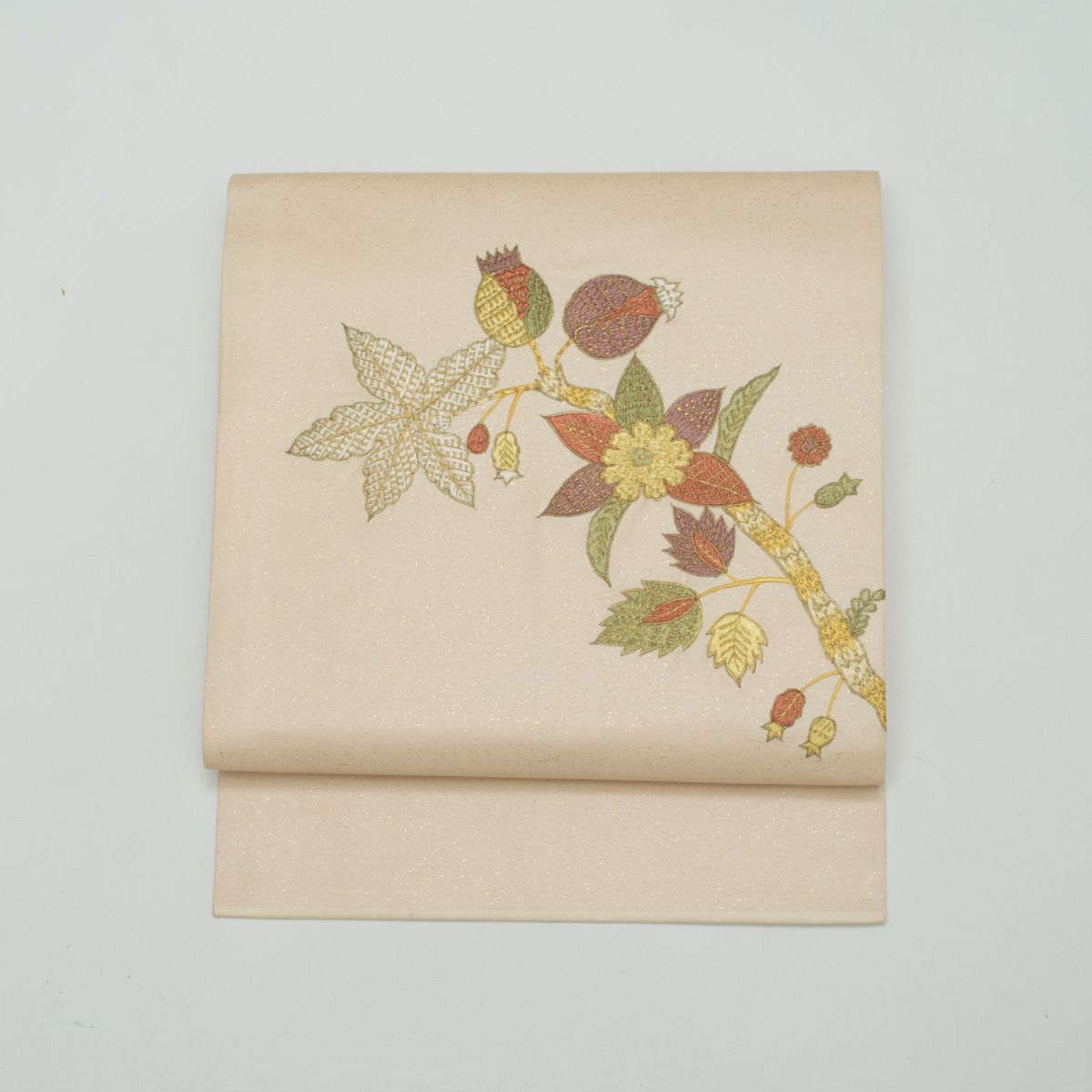 名古屋帯 刺繍 モダン 花更紗柄 クリーム色 西陣織 正絹 九寸