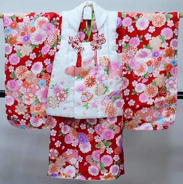 411ag65□七五三 七歳 女児 着物&袋帯&長襦袢 金駒刺繍 折鶴