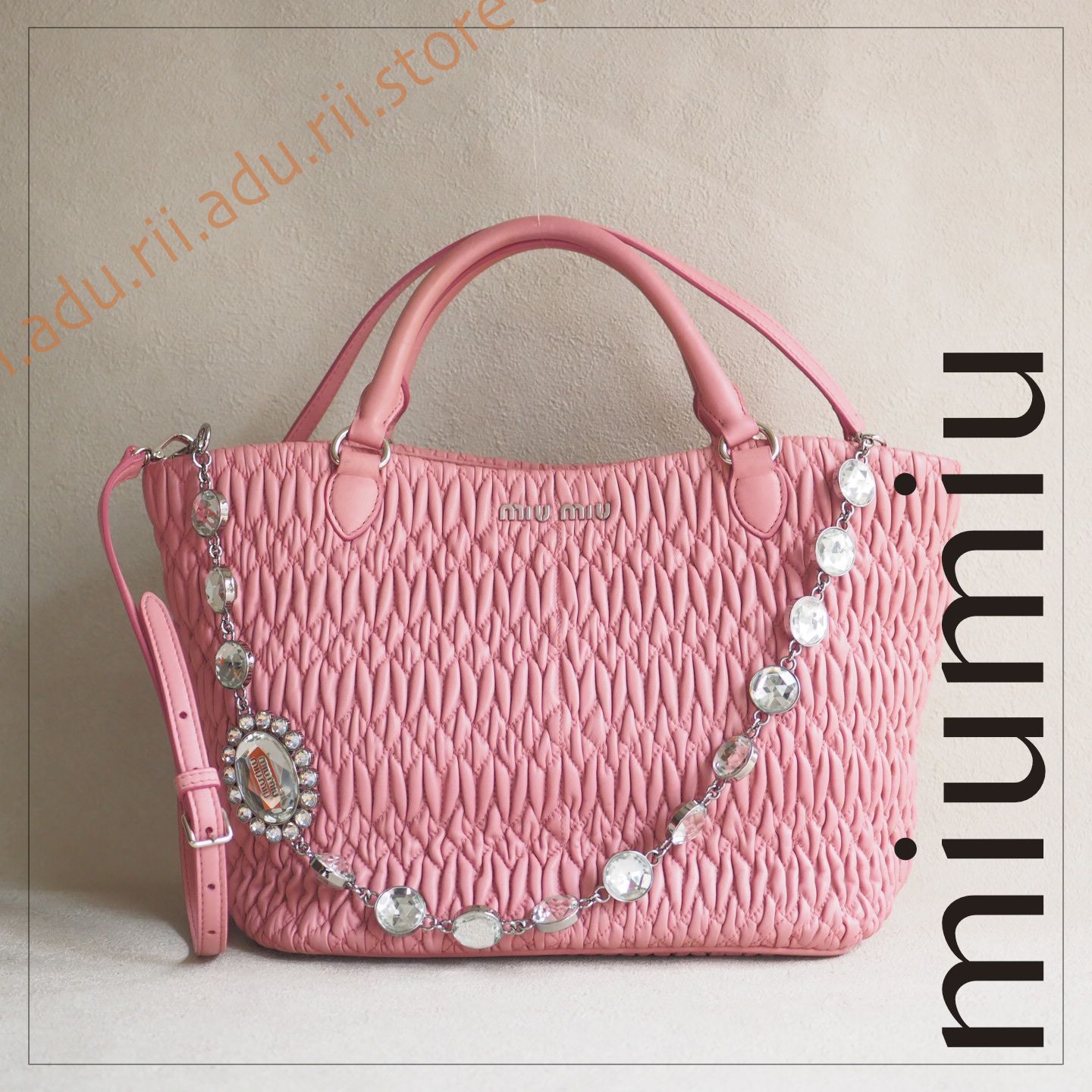 美品★ ミュウミュウ miumiu ナッパクリスタル 2way ショルダー ハンドバッグ 5BA958 ロゼ キルティングレザー クリスタルチェーン