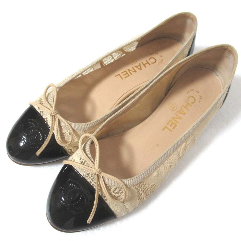 CHANEレザーエナメルベージュ パンプスココマーク37