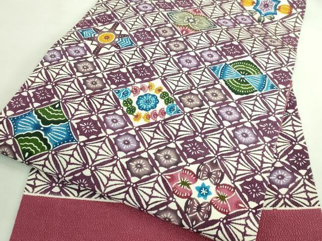 平和屋本店■最高級　城間栄順　本場琉球紅型　九寸名古屋帯　花菱文　鬼しぼ縮緬　やまと誂製　逸品　DZAA7754kh5 平和屋本店□最高級 城間栄順 本場琉球紅型 九寸名古屋帯 花菱文 鬼