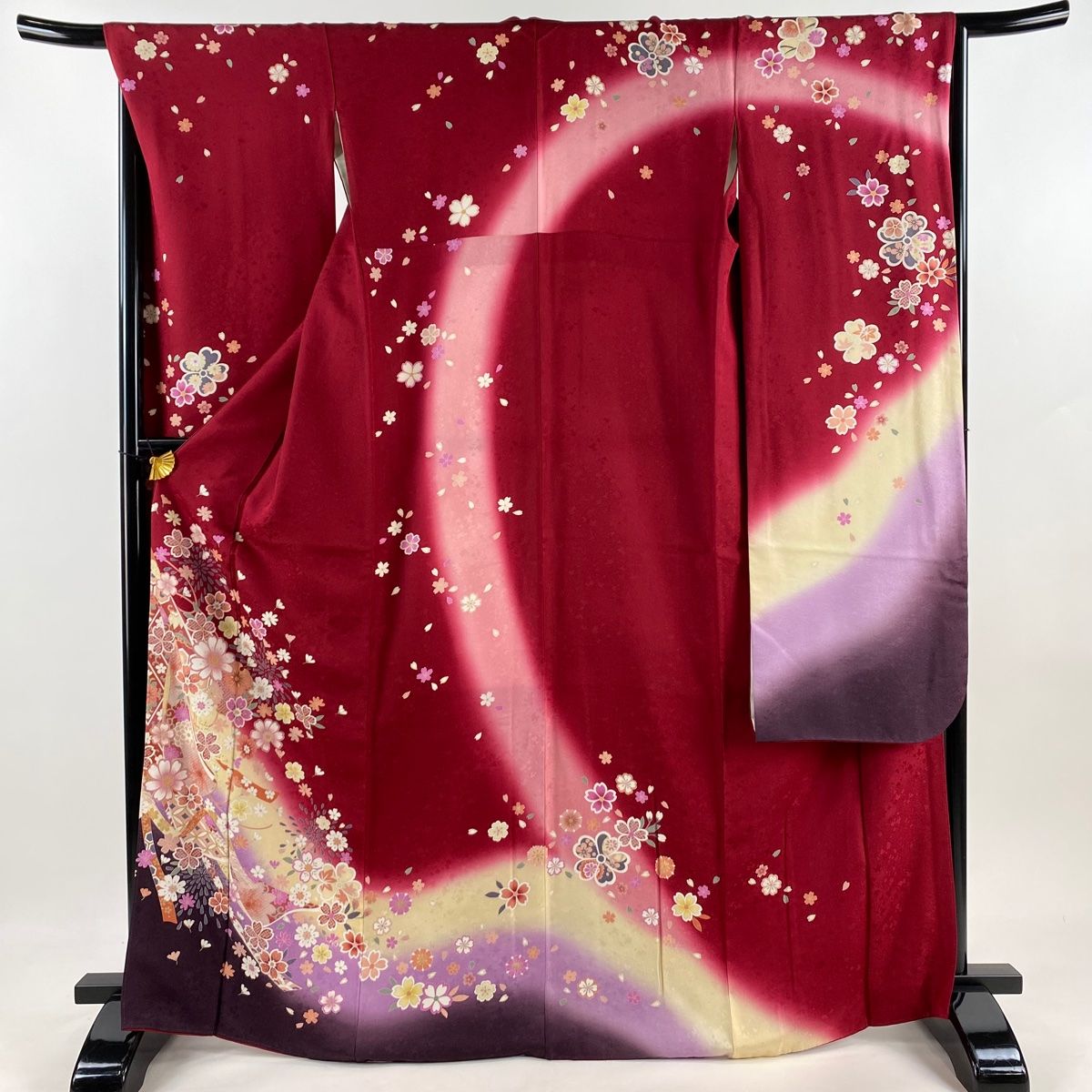 振袖 身丈169.5cm 裄丈66.5cm M 袷 誰が袖 草花 銀通し 金彩 赤 正絹