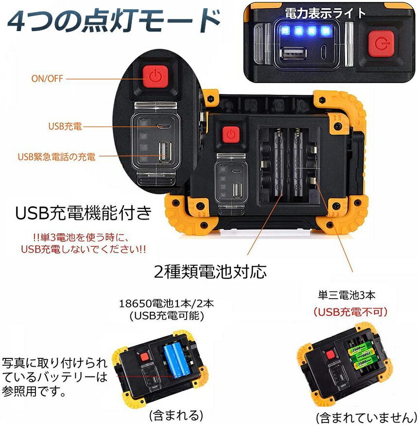 作業灯 投光器 3台セット ワークライト LED 充電式 20W ポータブル