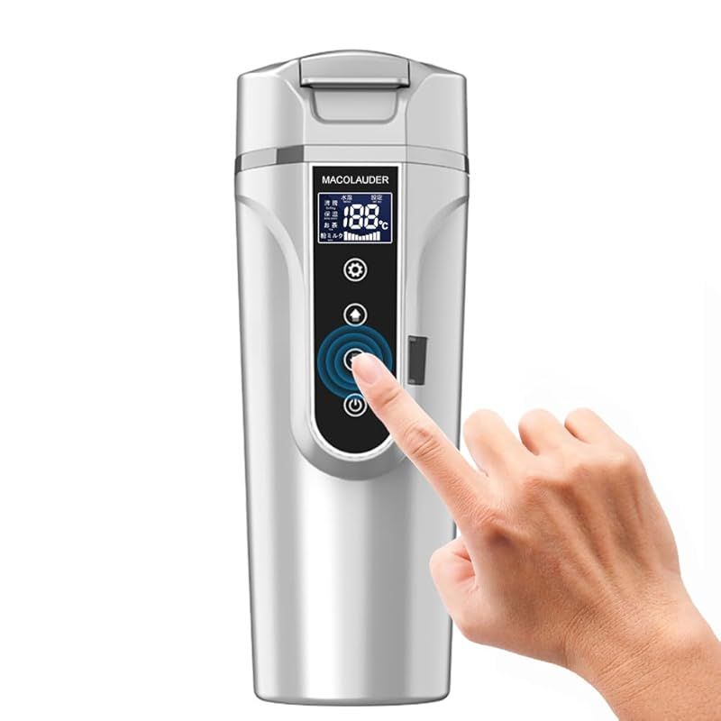 25分間沸騰可 車中泊 MACOLAUDER 車載電気ケトル 日本語版 100℃ 500ml DC12V小型車|24Vトラック兼用 沸騰自動OFF機能|空焚き防止機能 車用 電気 ポット コーヒー 粉ミルク お茶 旅行 長距離運転 304ステンレ 0