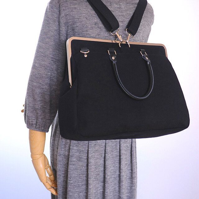 本革持ち手 黒帆布 ビジネスバッグ A4サイズ がま口3wayリュック通勤通学