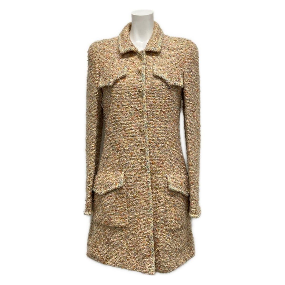 CHANEL シャネル コート サイズ38 M レディース - P07981 ライトピンク×オレンジ×マルチ 長袖|ツイード|秋|冬 コットン ウール