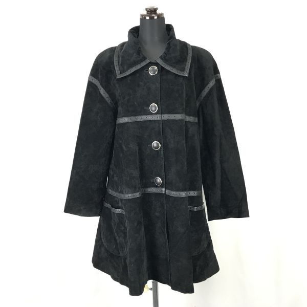 80s90s? エフタカコ|F.TAKAKO スエードレザーコート レディースM|黒|black 肩パット|レトロ| |Coats|Jakets|Made in Japan◆mBH318<sale>