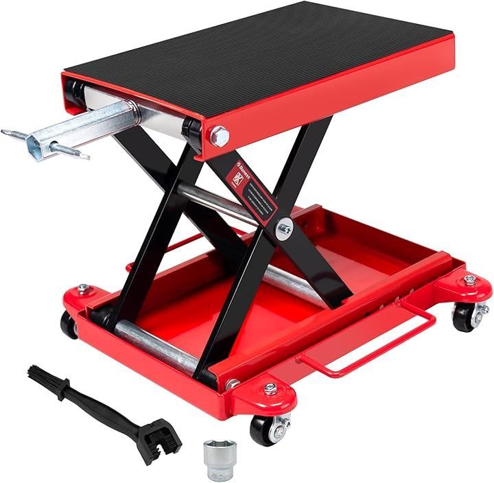Donext バイクジャッキ バイクリフト リフトドーリー 耐荷重500kg ソケット付 ゴムマット付 キャスター付 3面チェーンブラシ付き レッド-new