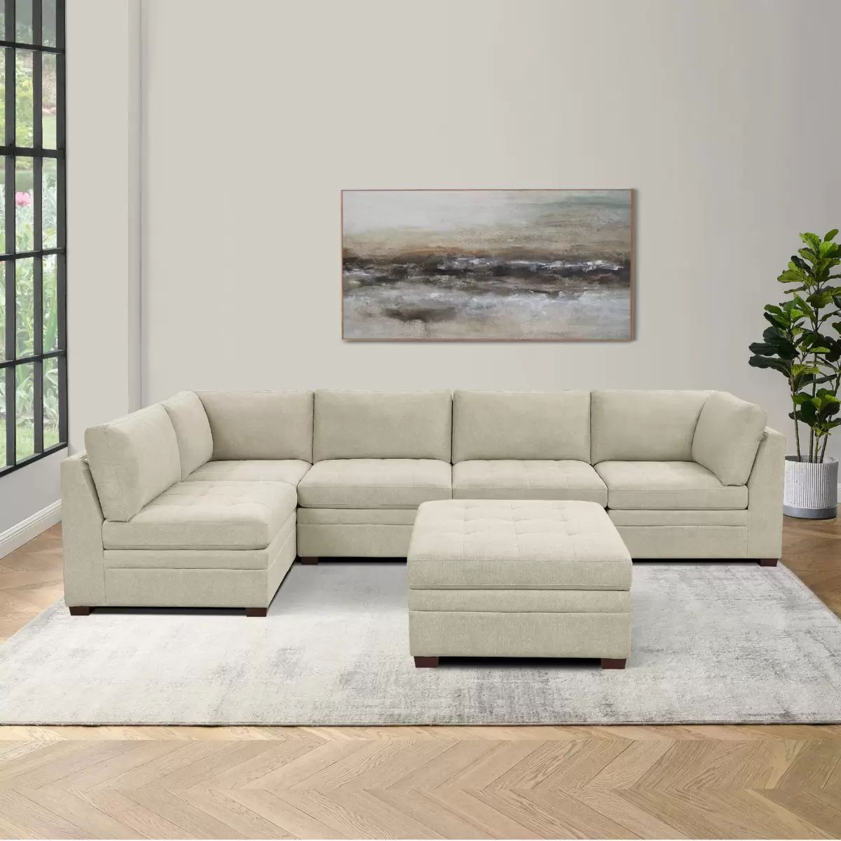 倉庫直送 Thomasville 布製モジュラーソファ6ピース ベージュ 収納オットマン付