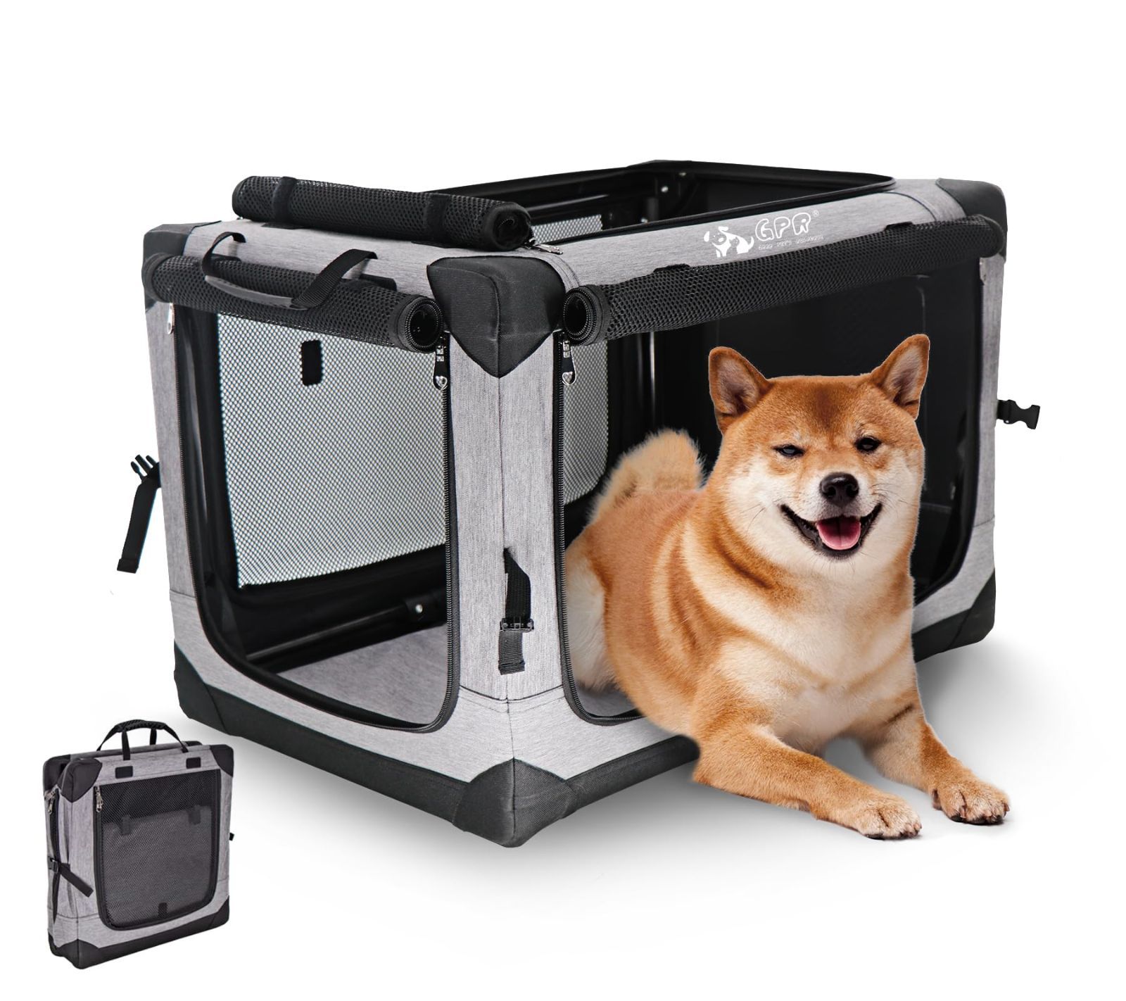 セール GPR ペット ソフトクレート ケージ ペットキャリー ペットハウス カバー取り外せる 4面メッシュ出入口 鉄フレーム 猫犬兼用 折りたたみ式 洗濯 シルバグレー L