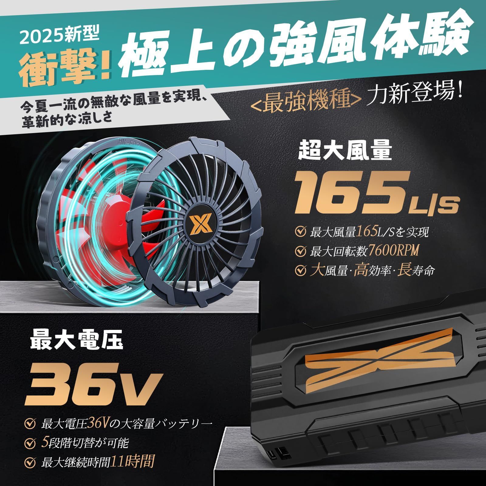 Seenew 2025最新暴 超強力出力36V 20000mAh 空調作業服 ファンバッテリーセット 36V超高出力 20000mAh バッテリー 5段階風量調節 超静か 長寿命 急速充電 空調ファン耐水防塵 90mm服穴径対応 猛暑対策