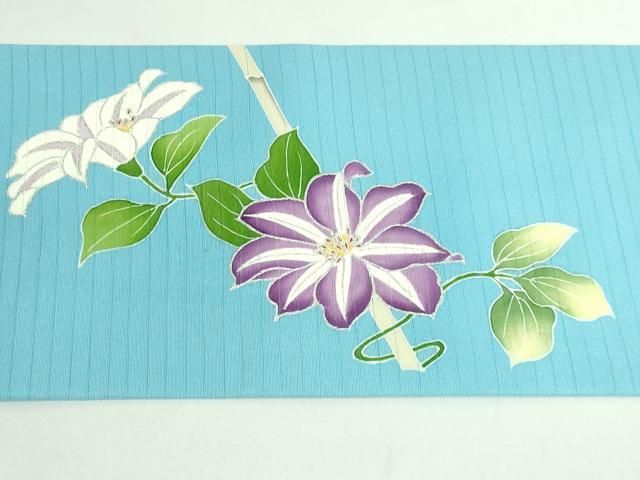 平和屋本店■極上　夏物　絽塩瀬　九寸名古屋帯　鉄仙花　水色地　銀彩　逸品　DZAB0490kh5 平和屋本店□極上 夏物 絽塩瀬 九寸名古屋帯 鉄仙花 水色地 銀彩 逸品
