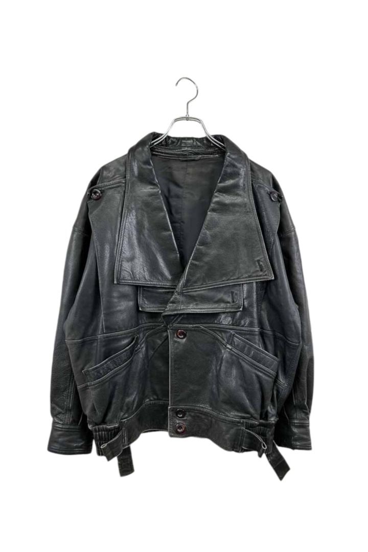 デザインGOOD 日本製  Old Leather Jacket  レザージャケット 無地 ブラック系  本革   メンズ サイズ L程度  8 単