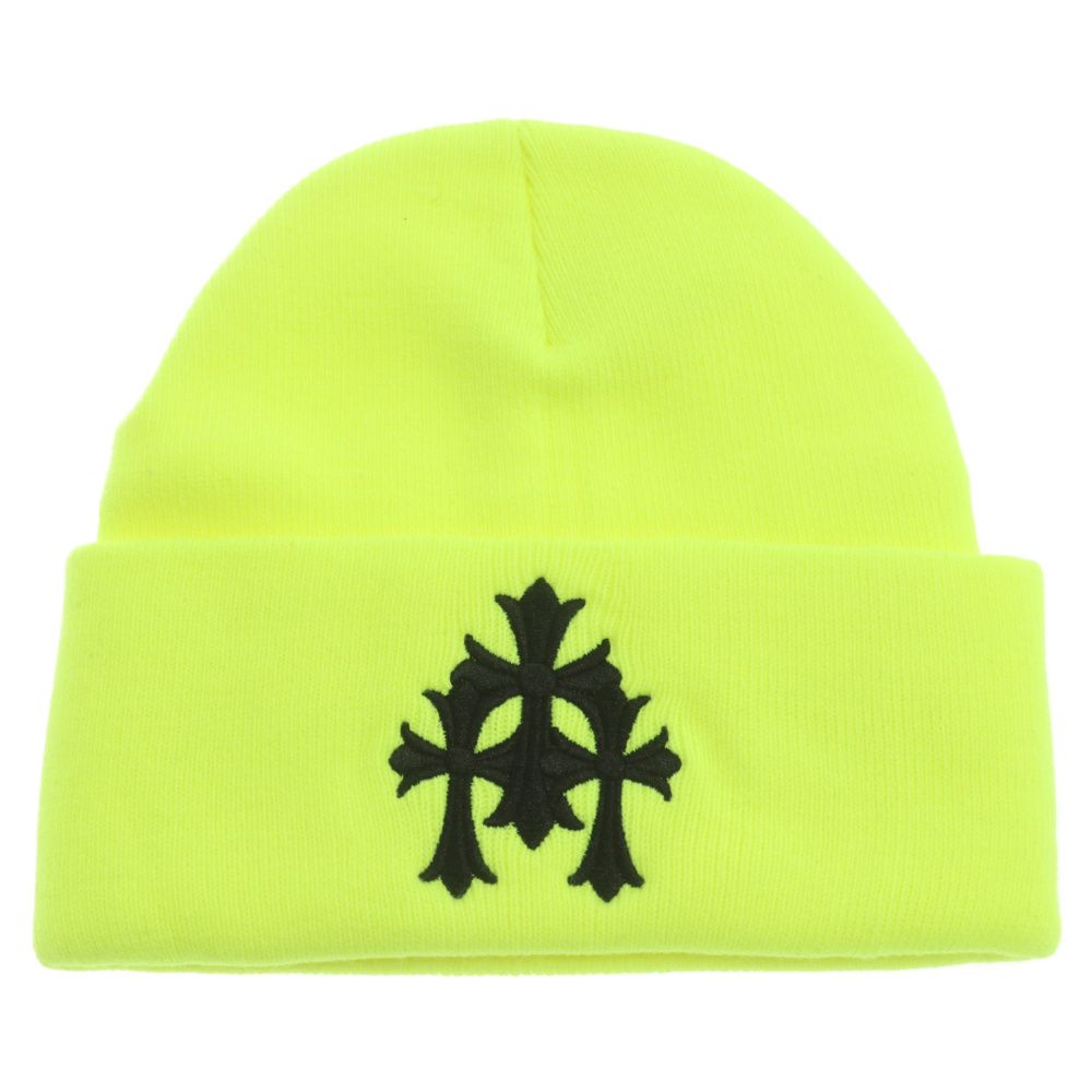 CHROME HEARTS (クロムハーツ) WATCH CAP TRIPLE CROSS BEANIE NEON YELLOW ワッチキャップ セメタリークロス刺繍ビーニーニットキャップ イエロー