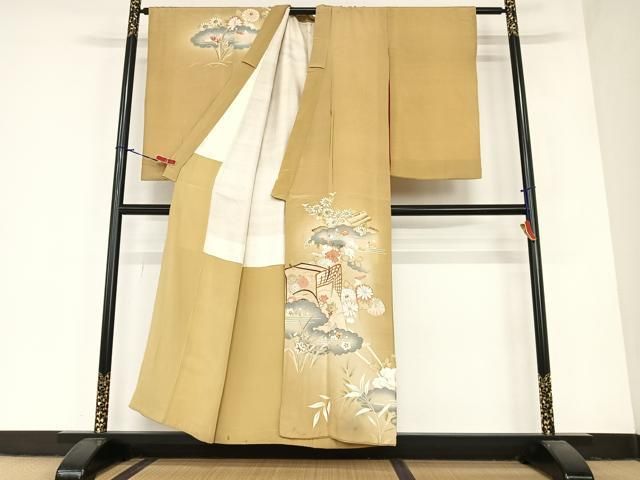 平和屋着物●アンティーク　大正ロマン　小振袖　刺繍　風景花文　金彩　正絹　逸品　AABE1676fy 平和屋着物○アンティーク 大正ロマン 小振袖 二尺袖 駒刺繍 御所車花