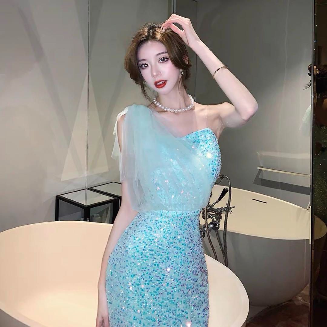 人気商品 キラキラスパンコール☆鮮やかブルーのキャバドレス☆ひざ丈☆年 スーツ・フォーマル・ドレス