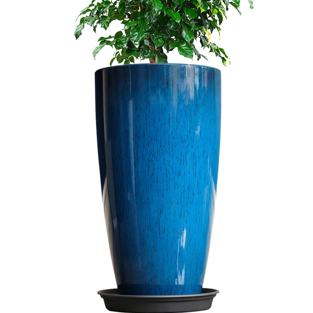 商品 Glynislife 植木鉢 大型 おしゃれ プラスチック 軽量 受け皿付き 屋内 屋外用 高さ53.5 排水穴付き 植木鉢 花 栽培 プレゼント ギフト 母の日 観葉植物 鉢 陶器模様-ブルー 高さ約53.5外口径約30.5底径約18CM