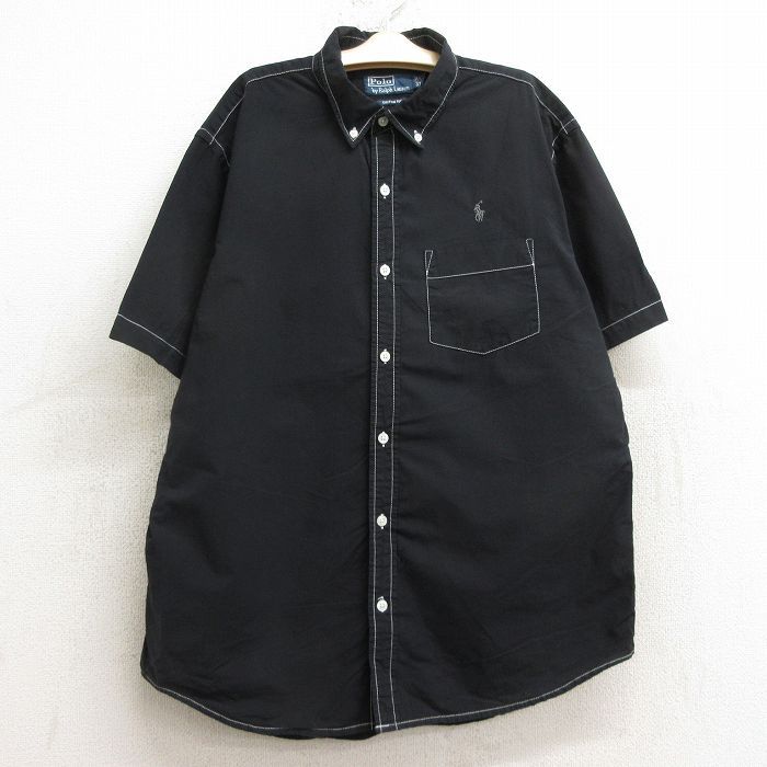 古着 ラルフローレン 半袖 ブランド シャツ キッズ ボーイズ 子供服 90s ワンポイントロゴ コットン ボタンダウン 黒 ブラック 24aug26