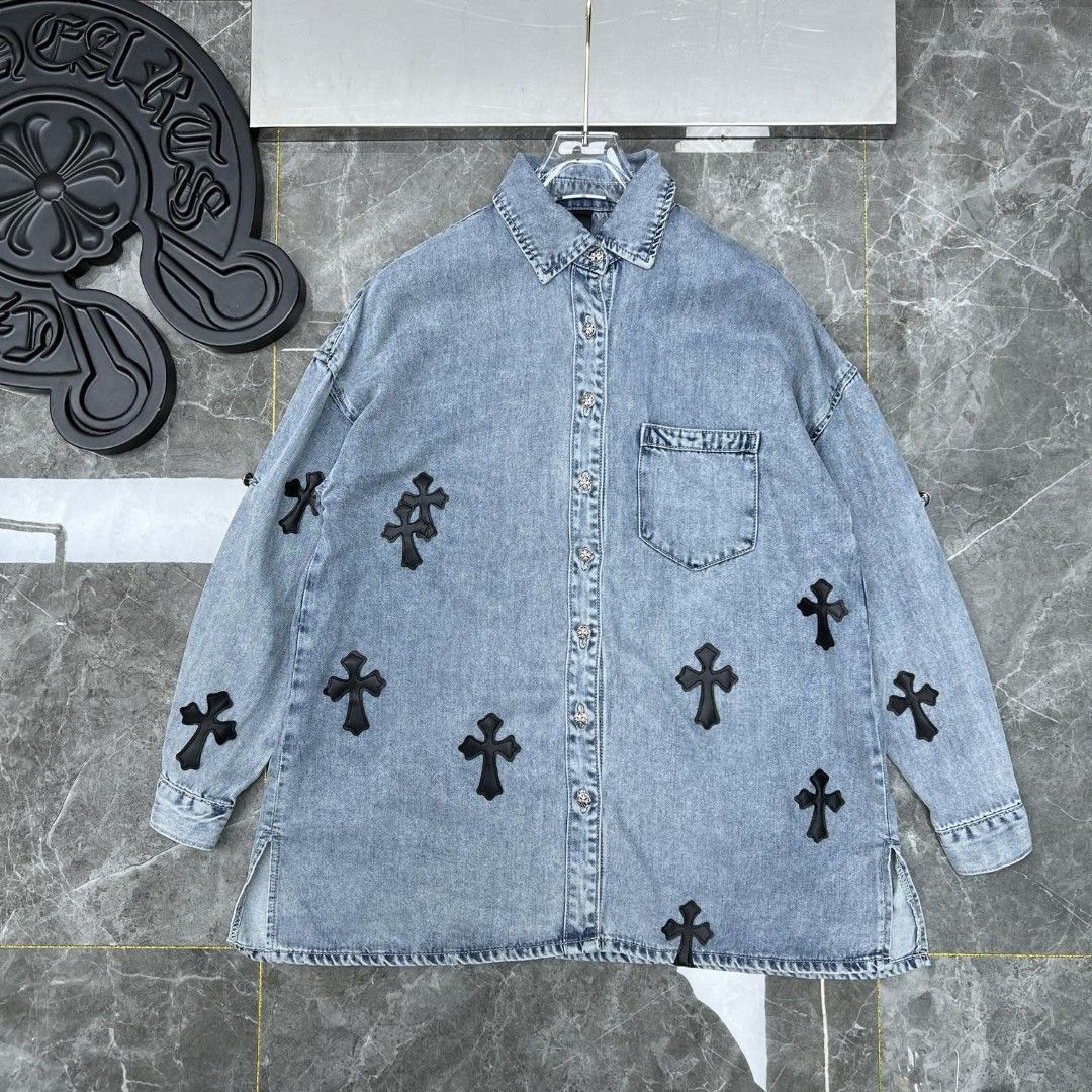 Chrome Hearts メンズ デニムシャツ 刺繍＆レザーパッチ カスタムウォッシュデニムブルー S-XL |