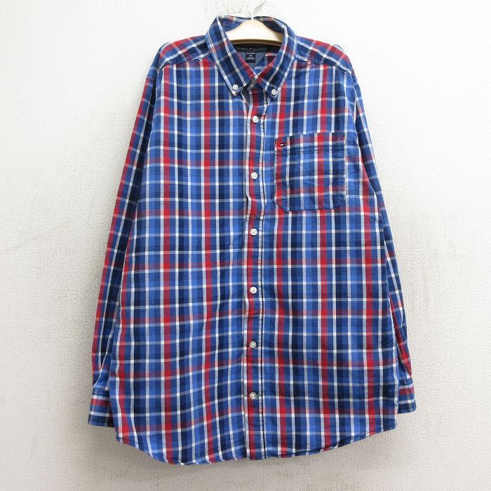 古着 トミーヒルフィガー 長袖 ブランド シャツ キッズ ボーイズ 子供服 ワンポイントロゴ ボタンダウン 青他 ブルー チェック 24may22