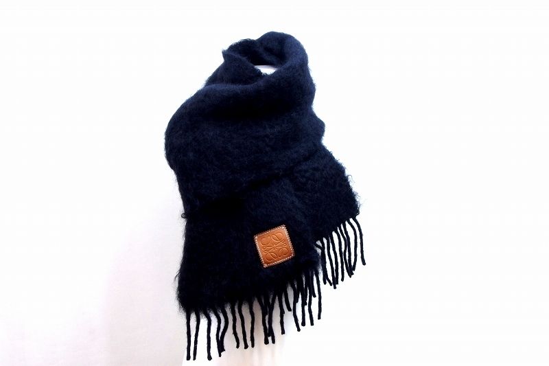 LOEWE ブラック ウール モヘア マフラー フリンジ付き ロエベ