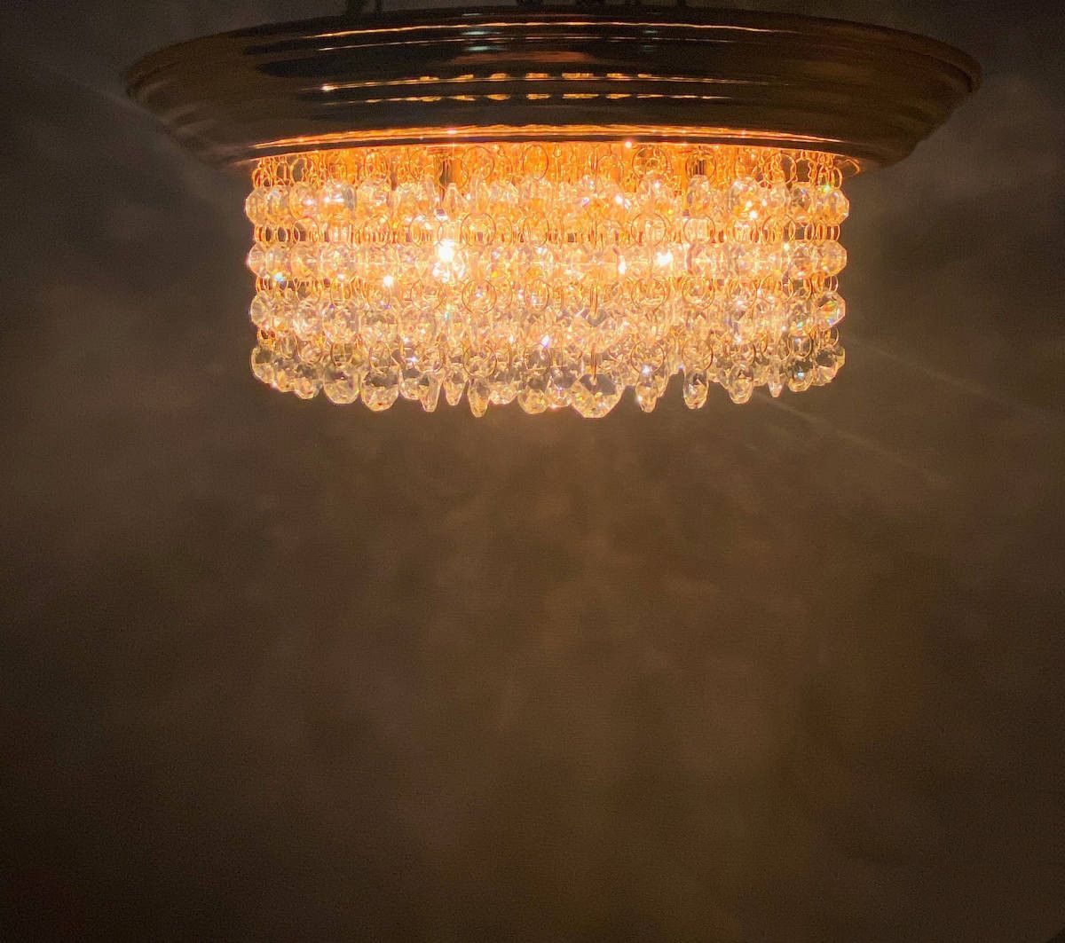 Φ34cm天吊り 丸型 ナイアガラ シャンデリ フルゴールドメッキ オクタゴン16面カットビーズ デコトラ サロンパス トラック部品パーツ 車内照明 レトロ C8639S